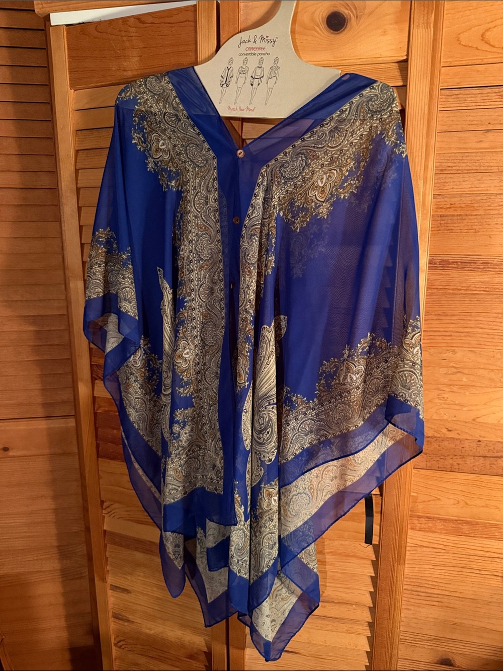 Sheer Royal Blue Paisley Poncho with Gold Accents